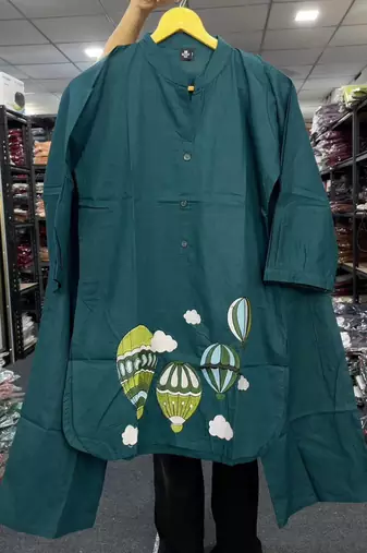 Trendy solid rama cotton kurta with hot air balloon embroidery and matching trousers
