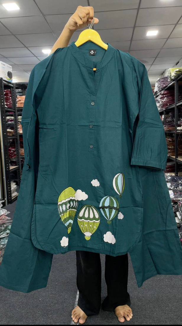 Trendy solid rama cotton kurta with hot air balloon embroidery and matching trousers