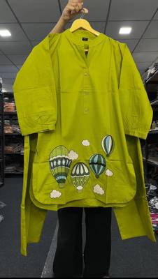  solid olive green cotton kurta with hot air balloon embroidery and matching trousers 2