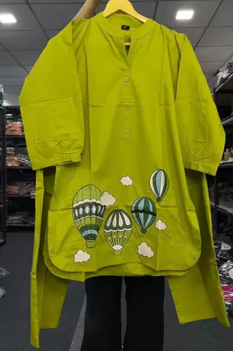 Trendy solid olive green cotton kurta with hot air balloon embroidery and matching trousers