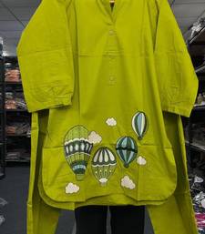  solid olive green cotton kurta with hot air balloon embroidery and matching trousers