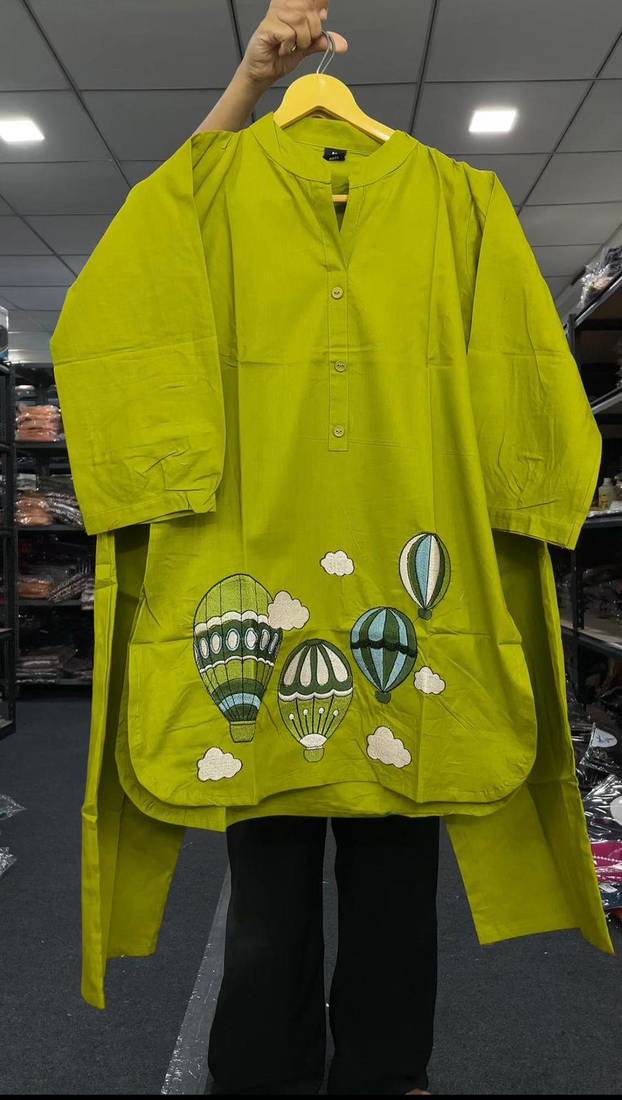 Trendy solid olive green cotton kurta with hot air balloon embroidery and matching trousers