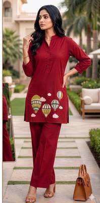  solid red cotton kurta with hot air balloon embroidery and matching trousers 1