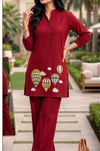  solid red cotton kurta with hot air balloon embroidery and matching trousers