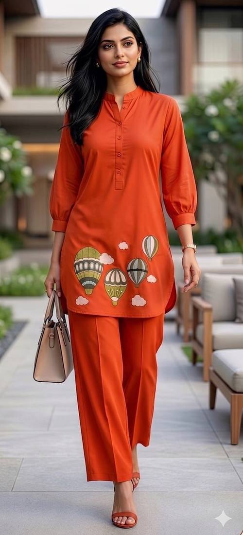 Trendy solid orange cotton kurta with hot air balloon embroidery and matching trousers