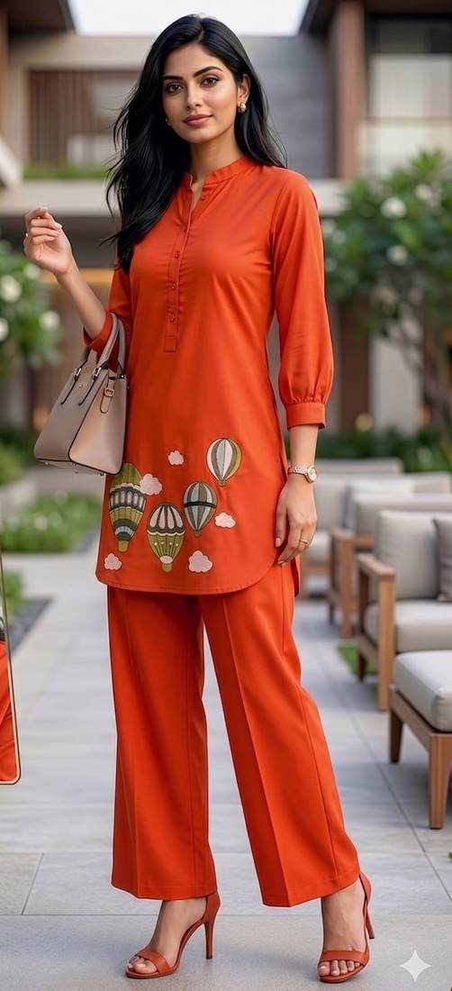Trendy solid orange cotton kurta with hot air balloon embroidery and matching trousers