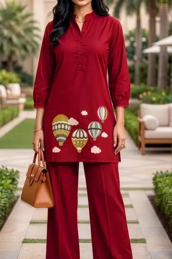 Trendy solid red cotton kurta with hot air balloon embroidery and matching trousers