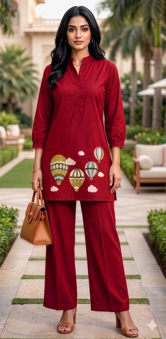 Trendy solid red cotton kurta with hot air balloon embroidery and matching trousers