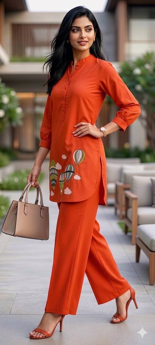 Trendy solid orange cotton kurta with hot air balloon embroidery and matching trousers