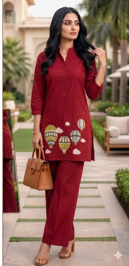 Trendy solid red cotton kurta with hot air balloon embroidery and matching trousers