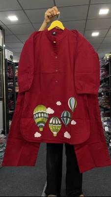  solid red cotton kurta with hot air balloon embroidery and matching trousers 4