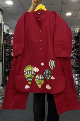 Trendy solid red cotton kurta with hot air balloon embroidery and matching trousers