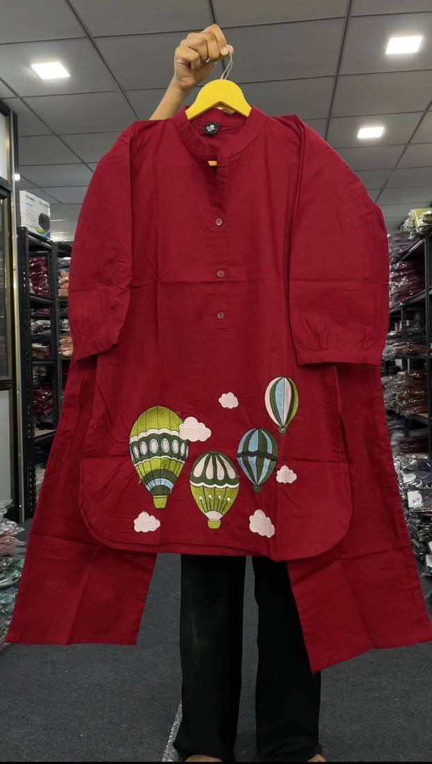 Trendy solid red cotton kurta with hot air balloon embroidery and matching trousers