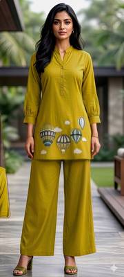  solid olive green cotton kurta with hot air balloon embroidery and matching trousers 1