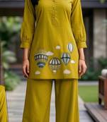 Trendy solid olive green cotton kurta with hot air balloon embroidery and matching trousers
