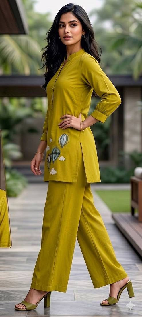 Trendy solid olive green cotton kurta with hot air balloon embroidery and matching trousers