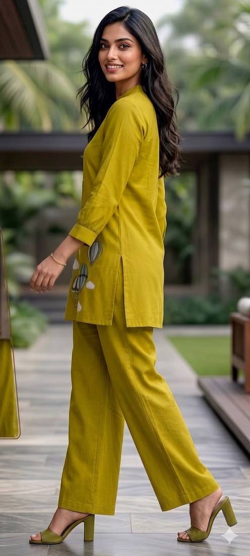 Trendy solid olive green cotton kurta with hot air balloon embroidery and matching trousers