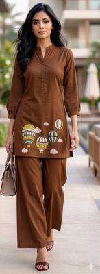  solid brown cotton kurta with hot air balloon embroidery and matching trousers 1
