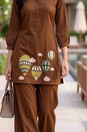  solid brown cotton kurta with hot air balloon embroidery and matching trousers