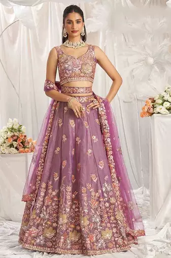 Charming Lilac Zari and Sequins Embroidered Fendy Silk Indian wedding Designer lehenga choli