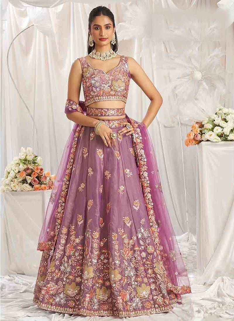 Charming Lilac Zari and Sequins Embroidered Fendy Silk Indian wedding Designer lehenga choli