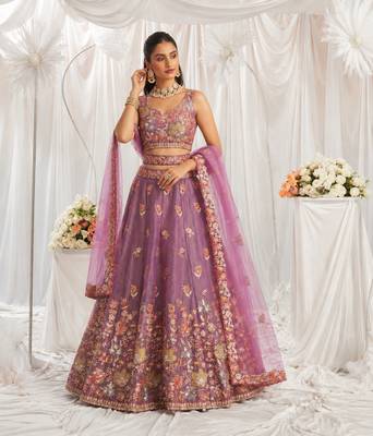Charming Lilac Zari and Sequins Embroidered Fendy Silk Indian wedding Designer lehenga choli 2