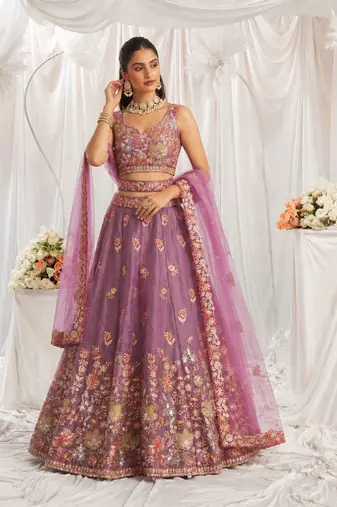 Charming Lilac Zari and Sequins Embroidered Fendy Silk Indian wedding Designer lehenga choli