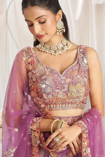 Charming Lilac Zari and Sequins Embroidered Fendy Silk Indian wedding Designer lehenga choli