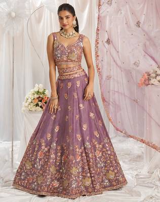 Charming Lilac Zari and Sequins Embroidered Fendy Silk Indian wedding Designer lehenga choli 4