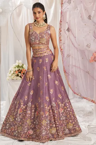 Charming Lilac Zari and Sequins Embroidered Fendy Silk Indian wedding Designer lehenga choli