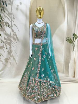 lovely green fendy fabric zari sequence embroidered indian wedding lattest designer lehenga choli wedding lehenga 6