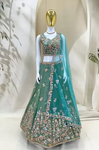 lovely green fendy fabric zari sequence embroidered indian wedding lattest designer lehenga choli wedding lehenga