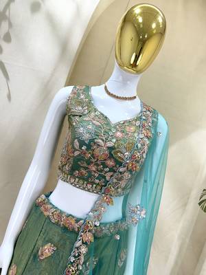lovely green fendy fabric zari sequence embroidered indian wedding lattest designer lehenga choli wedding lehenga 7