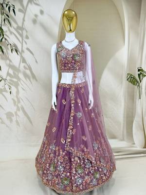 Charming Lilac Zari and Sequins Embroidered Fendy Silk Indian wedding Designer lehenga choli 6