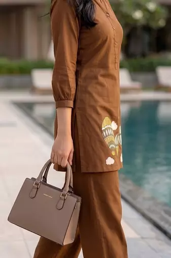 Trendy solid brown cotton kurta with hot air balloon embroidery and matching trousers