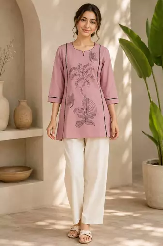 New elegant light pink cotton kurta with black botanical embroidery and white trousers