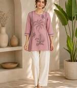 New elegant light pink cotton kurta with black botanical embroidery and white trousers