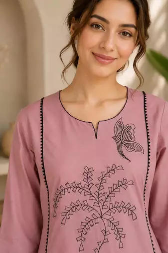 New elegant light pink cotton kurta with black botanical embroidery and white trousers