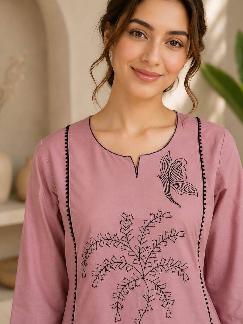 New elegant light pink cotton kurta with black botanical embroidery and white trousers