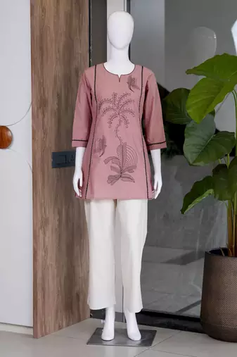New elegant light pink cotton kurta with black botanical embroidery and white trousers
