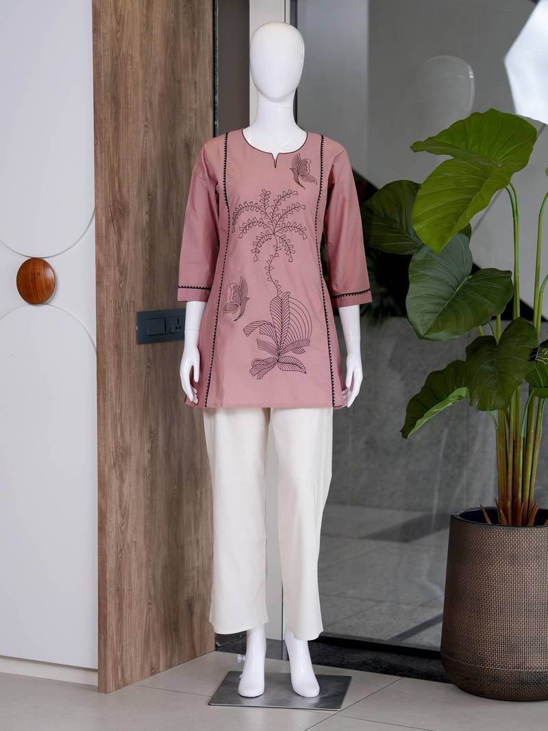 New elegant light pink cotton kurta with black botanical embroidery and white trousers