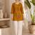 New elegant mustard  cotton kurta with black botanical embroidery and white trousers
