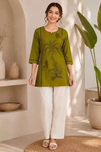 New elegant olive green cotton kurta with black botanical embroidery and white trousers