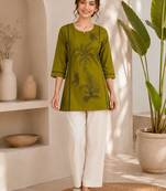 New elegant olive green cotton kurta with black botanical embroidery and white trousers