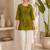 New elegant olive green cotton kurta with black botanical embroidery and white trousers
