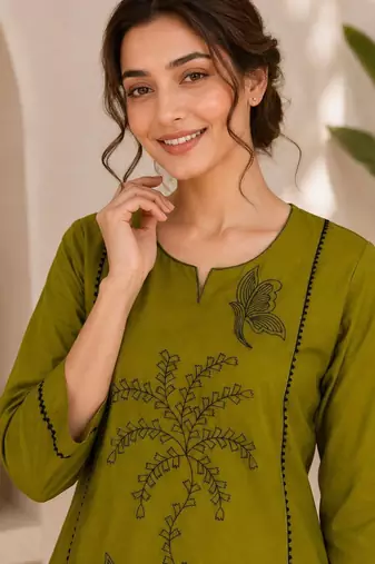 New elegant olive green cotton kurta with black botanical embroidery and white trousers