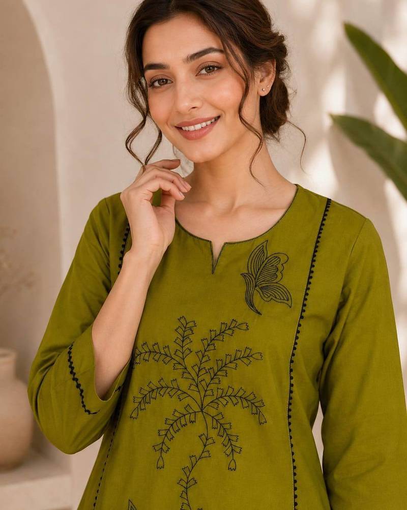 New elegant olive green cotton kurta with black botanical embroidery and white trousers