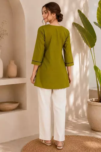 New elegant olive green cotton kurta with black botanical embroidery and white trousers
