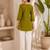 New elegant olive green cotton kurta with black botanical embroidery and white trousers