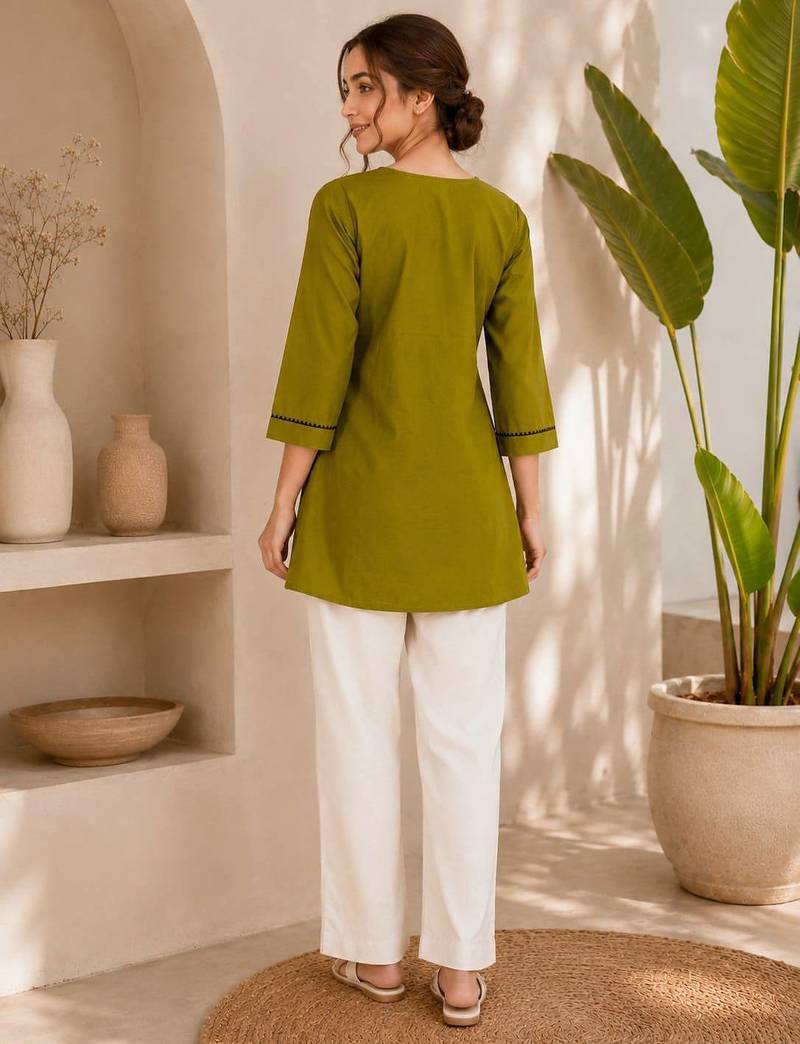 New elegant olive green cotton kurta with black botanical embroidery and white trousers